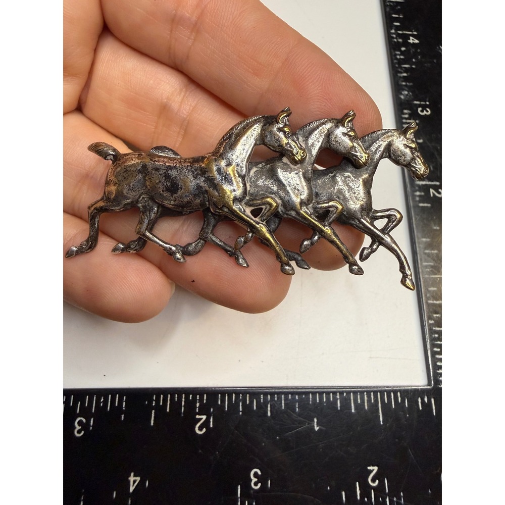 Vintage Three Running Horses Brooch Pin Silver Gold Tone Equestrian Galloping